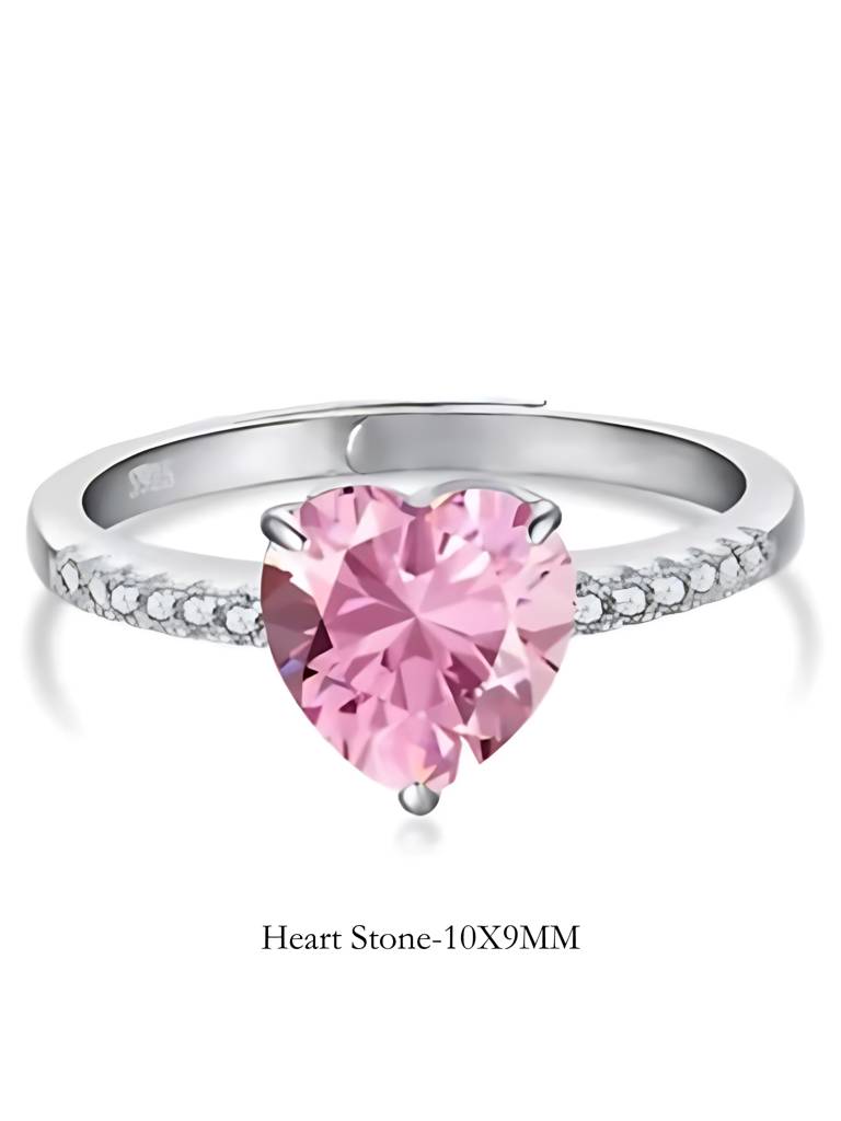 925 Sterling Silver Pink Stone Heart Ring I Solitaire Finger Ring I Adjustable Silver Ring : B0DF5HDTRP