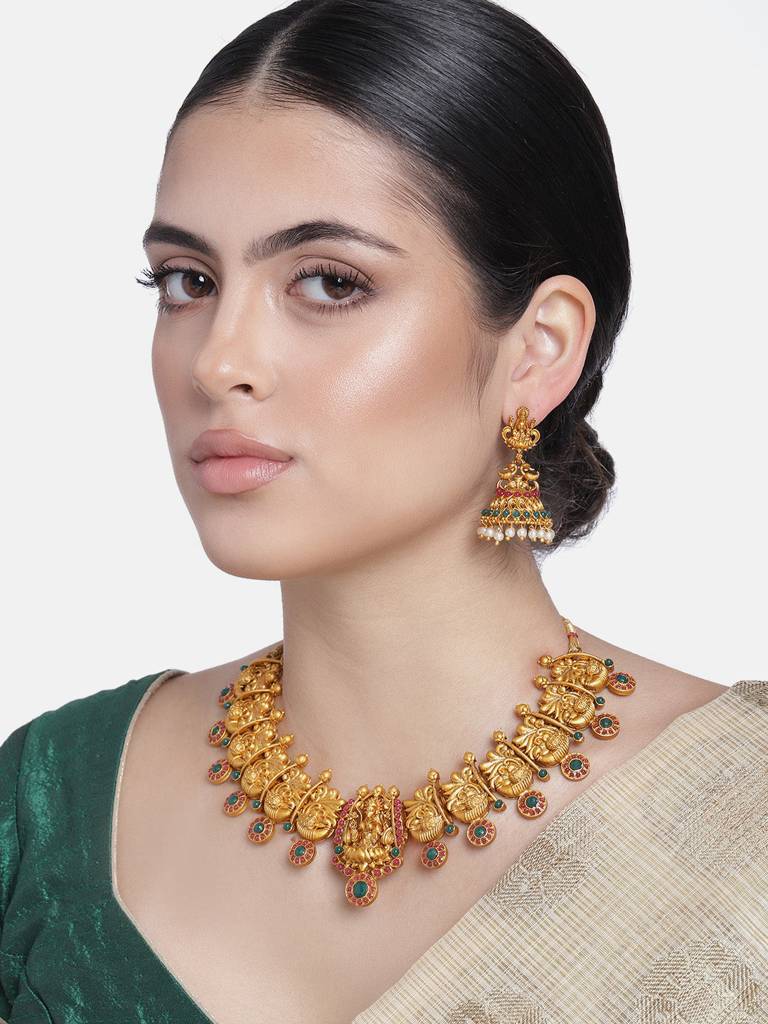 Estele Gold Plated Divinely Crafted Lakshmi Ji Temple Necklace Set With Crystals And Pearl : OS-5161-MEHNKER