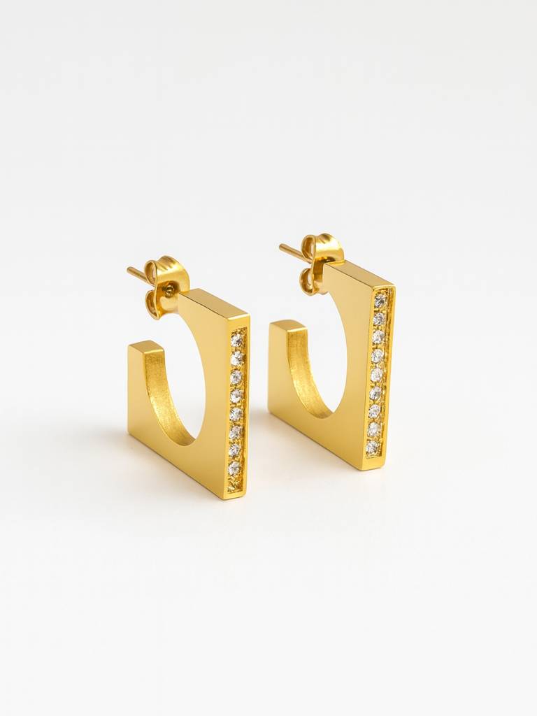 Square Studded Gold Half Hoop Earrings Â 18K Gold Plated Cz : ATE608SSHH
