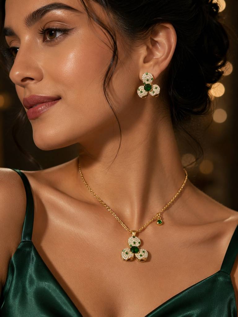 Emeralda Floral Set | 18K Gold Plated Necklace & Earrings With Pavé Cz Stones : SET949ESFS