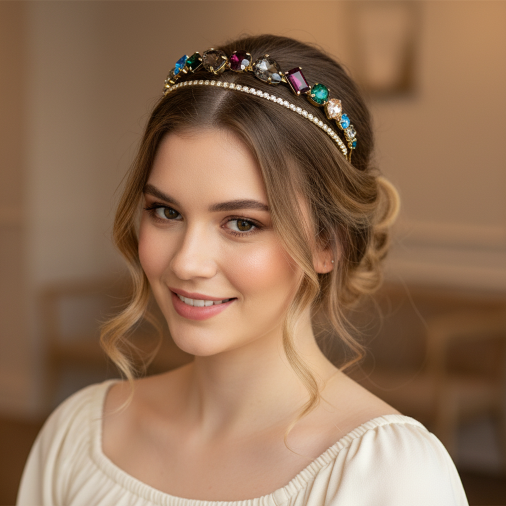 Gold Crystal Rhinestone Double Layer Hairband For Women | Elegant Wedding Party Headband With Multicolor Stones : M4SK-A3