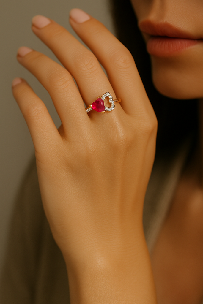 Ruby Heart Embrace Diamond Ring In 14K Gold : ALR00644