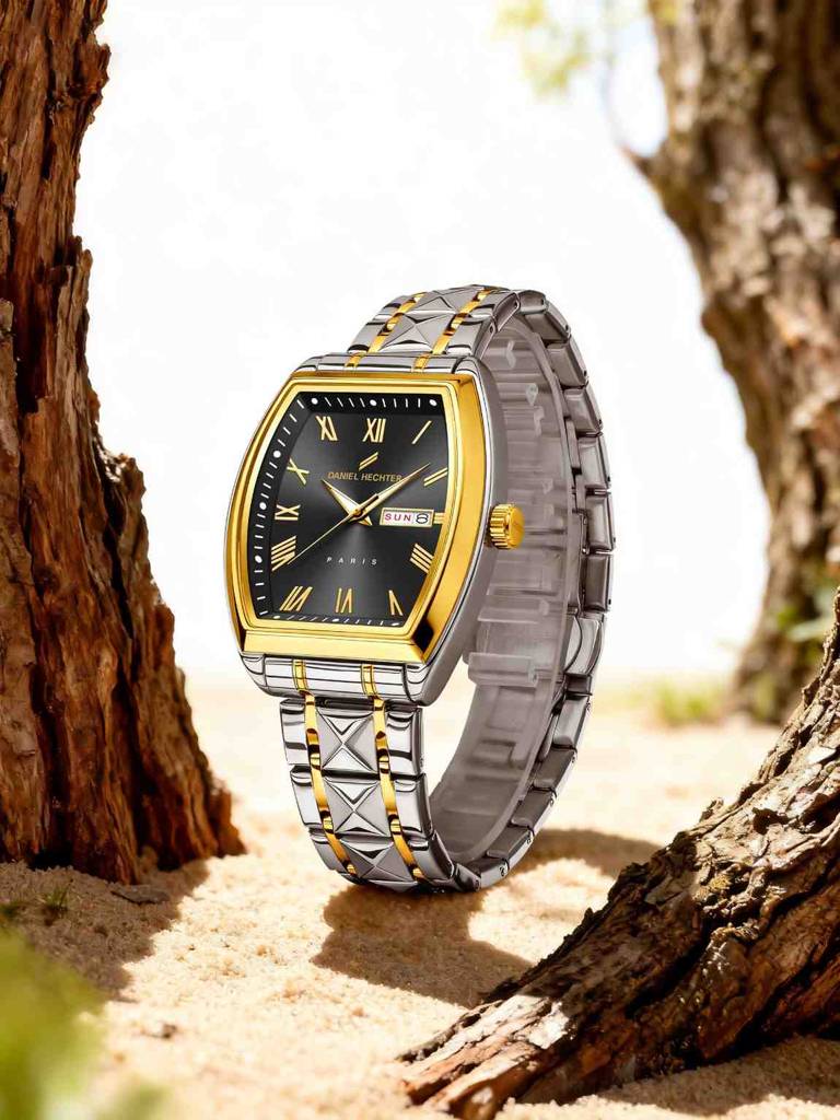 Daniel Hechter Duroc Collection Luxury Watch For Men With Roman Indices, Day-Date Display And Two-Tone Studded St : DHM1025-11