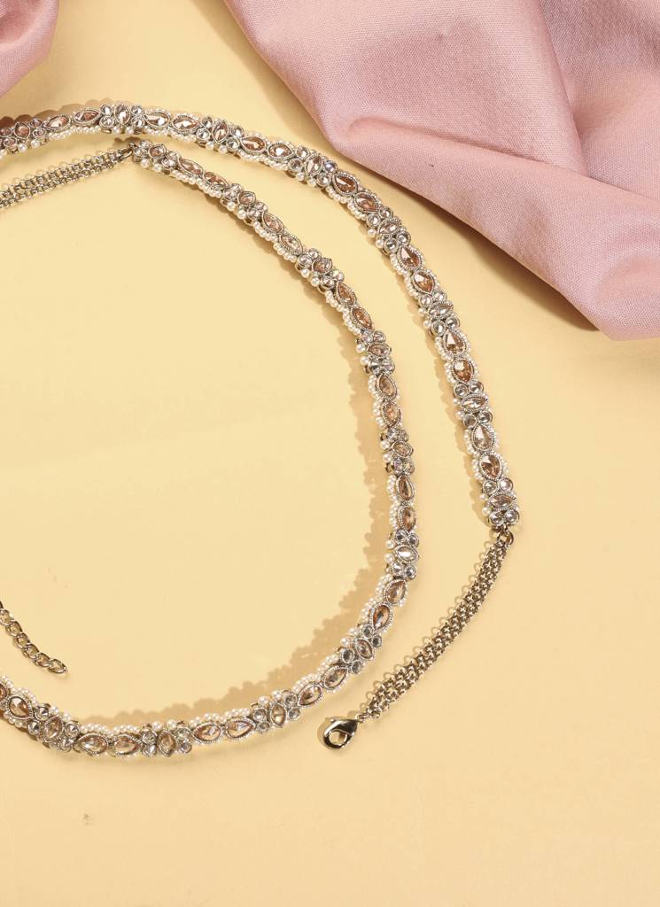 Oval Shape And Pearl Kundan Stone Antique Gold Plated Kamarband (Waist Belt) For Women : 6BL63_Brown