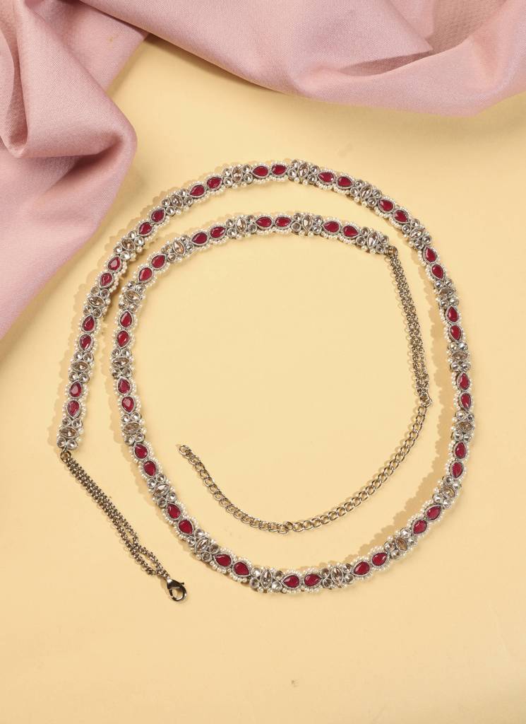 Oval Shape And Pearl Kundan Stone Antique Gold Plated Kamarband (Waist Belt) For Women : 6BL63_Ruby