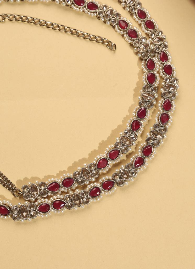 Oval Shape And Pearl Kundan Stone Antique Gold Plated Kamarband (Waist Belt) For Women : 6BL63_Ruby