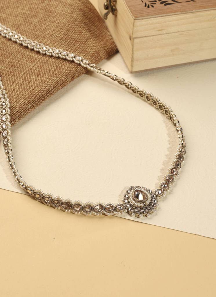 Elegant Oval Shape And Pearl Brown Kundan Stone Antique Gold Plated Kamarband (Waist Belt) For Women : 6BL66_Brown