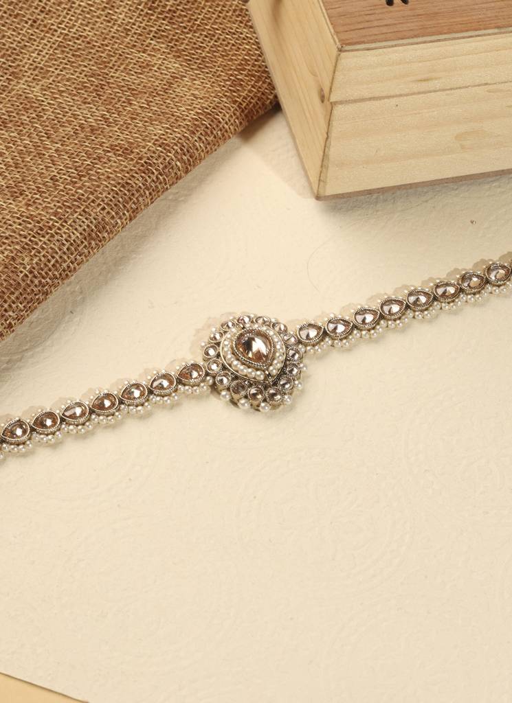 Elegant Oval Shape And Pearl Brown Kundan Stone Antique Gold Plated Kamarband (Waist Belt) For Women : 6BL66_Brown