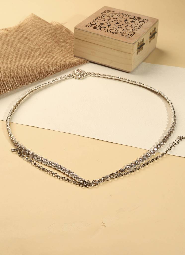 Elegant Oval Shape And Pearl Brown Kundan Stone Antique Gold Plated Kamarband (Waist Belt) For Women : 6BL66_Brown