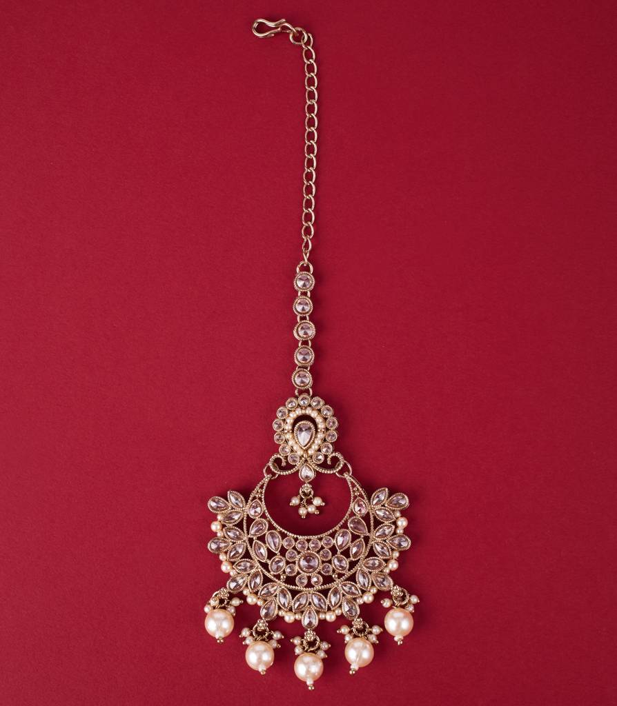 Luxurious Oval And Flower Shape Mother Of Pearl Brown Uncut Kundan Stone Antique Gold Plated Choker And Long Har : 6BS13-BROWN