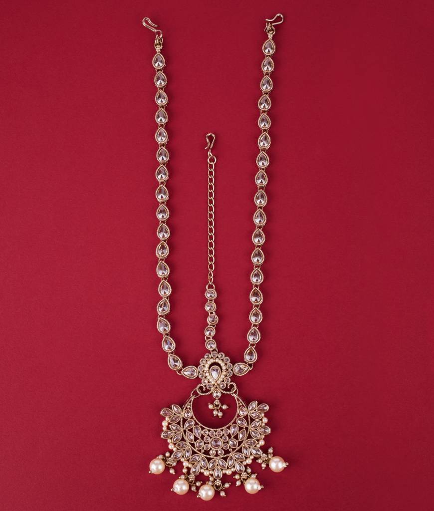 Luxurious Oval And Flower Shape Mother Of Pearl Brown Uncut Kundan Stone Antique Gold Plated Choker And Long Har : 6BS13-BROWN