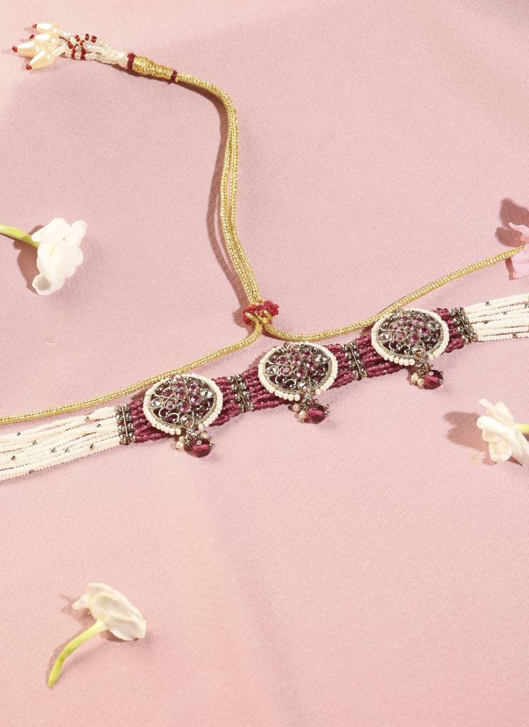 Royal Round Shape Mother Of Pearl Kundan Stone Antique Gold Plated Collar Necklace Set For Women : 6CS39_Red
