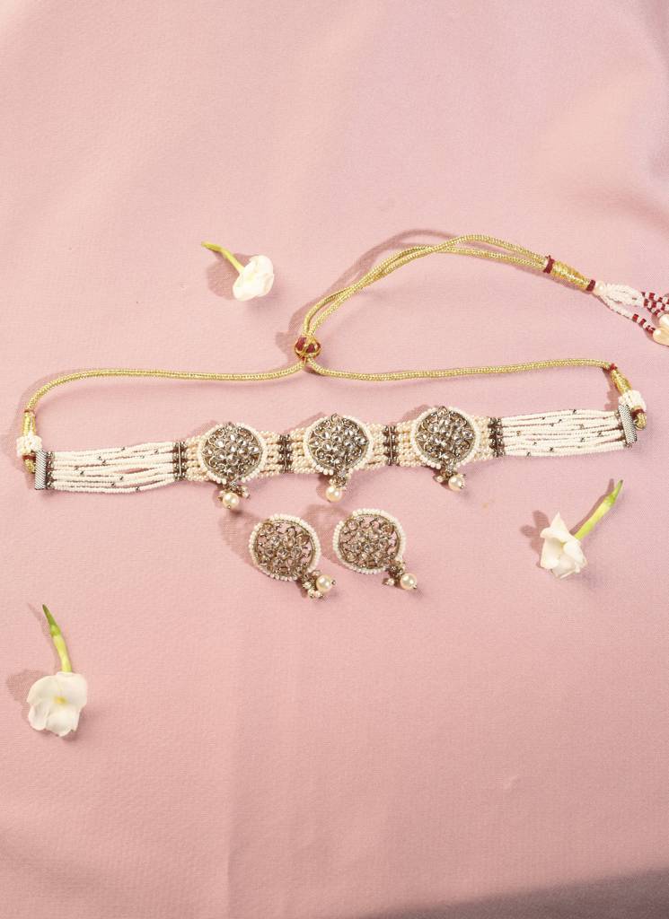 Royal Round Shape Mother Of Pearl Kundan Stone Antique Gold Plated Collar Necklace Set For Women : 6CS39_White