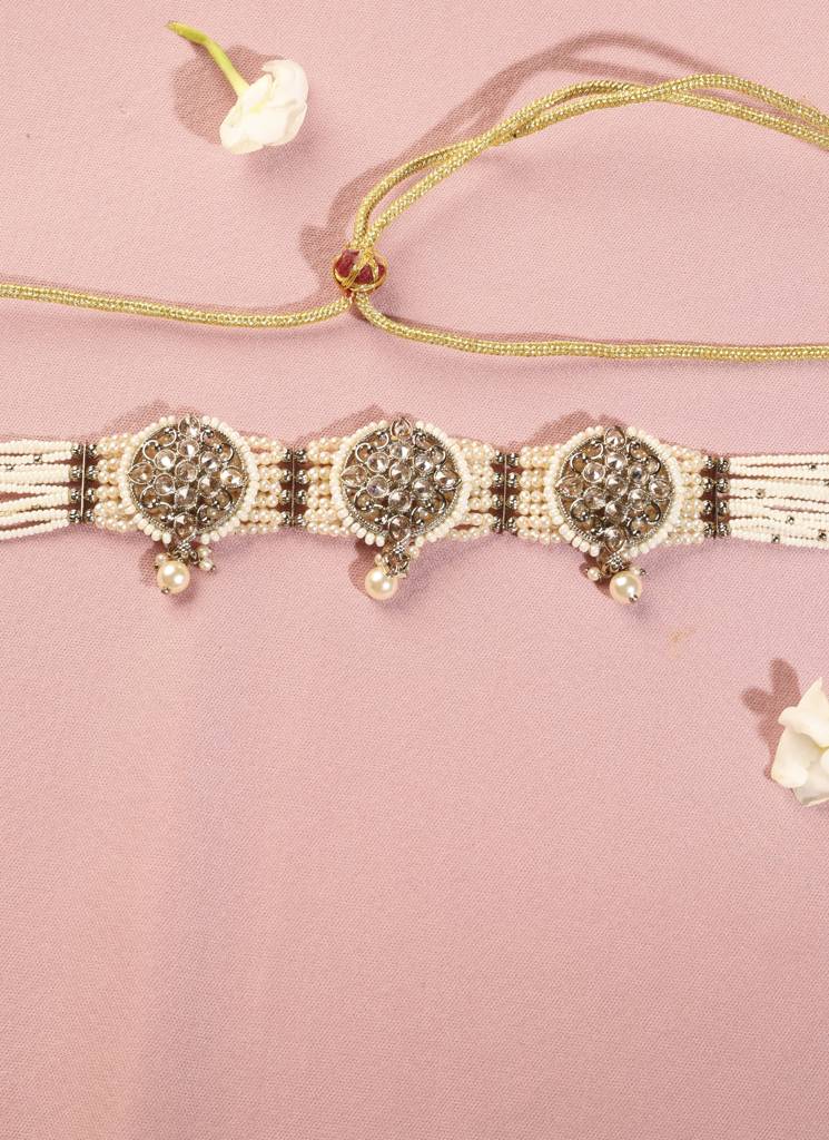 Royal Round Shape Mother Of Pearl Kundan Stone Antique Gold Plated Collar Necklace Set For Women : 6CS39_White
