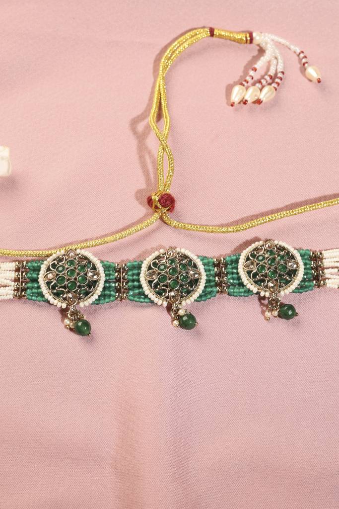 Royal Round Shape Mother Of Pearl Kundan Stone Antique Gold Plated Collar Necklace Set For Women : 6CS39_Green