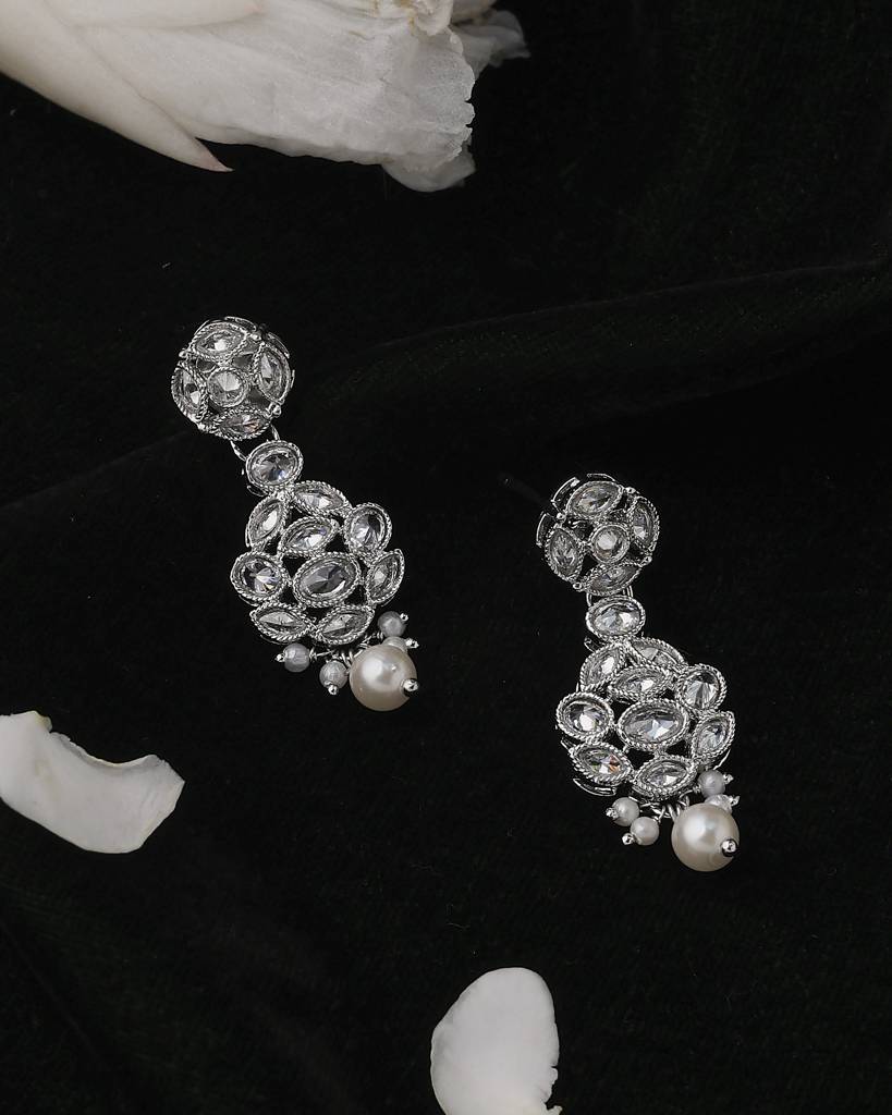 Lavish Round Shape Silver Plated White Pearl Kundan Stone Dangle Earring For Women And Girls : 6ER189
