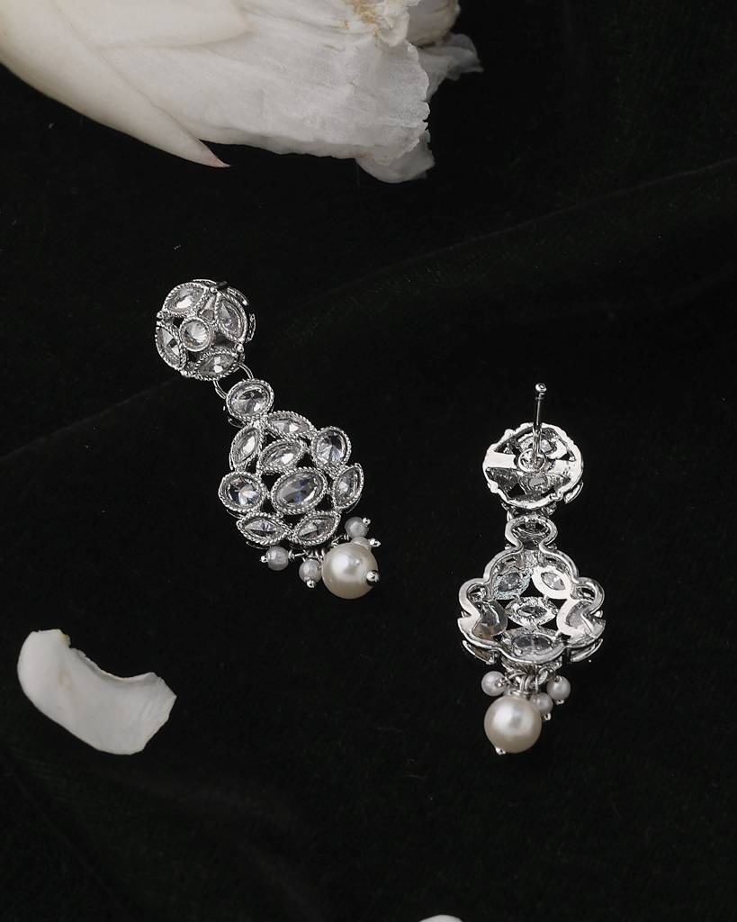 Lavish Round Shape Silver Plated White Pearl Kundan Stone Dangle Earring For Women And Girls : 6ER189