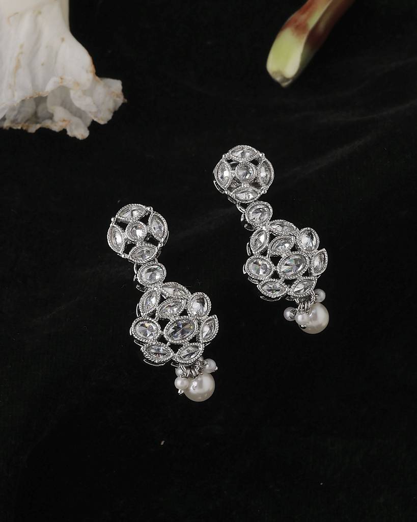 Lavish Round Shape Silver Plated White Pearl Kundan Stone Dangle Earring For Women And Girls : 6ER189