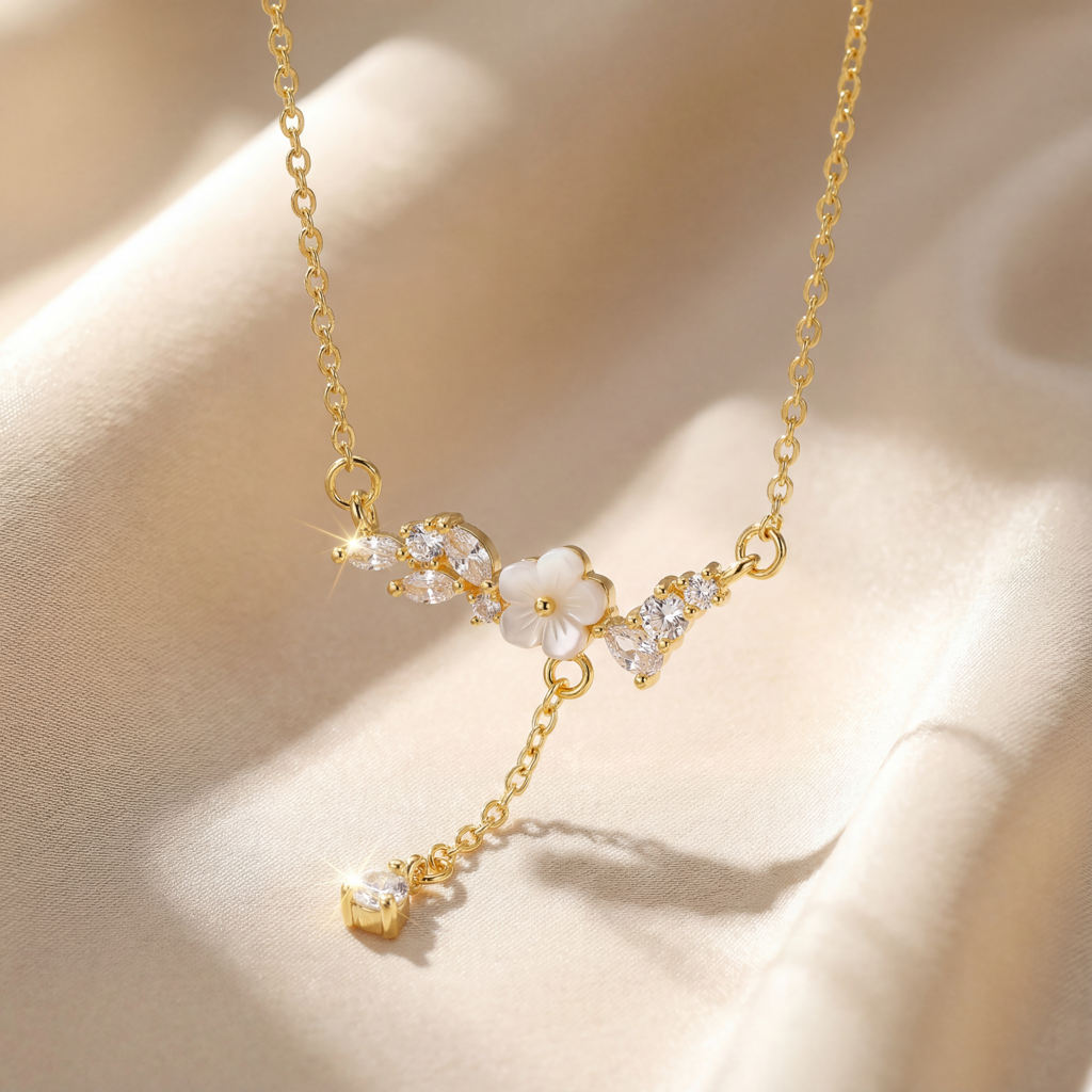 The Floral Drop Lariat, Blossom Cascade Necklace : YUFSNL003-YG