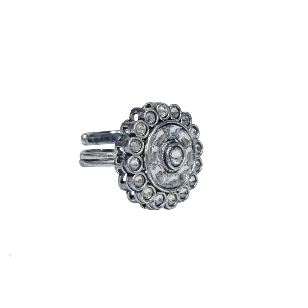 Splendid Round Shape Silver Plated Kundan Stone Adjustable Finger Ring For Women And Girls : 6FR55