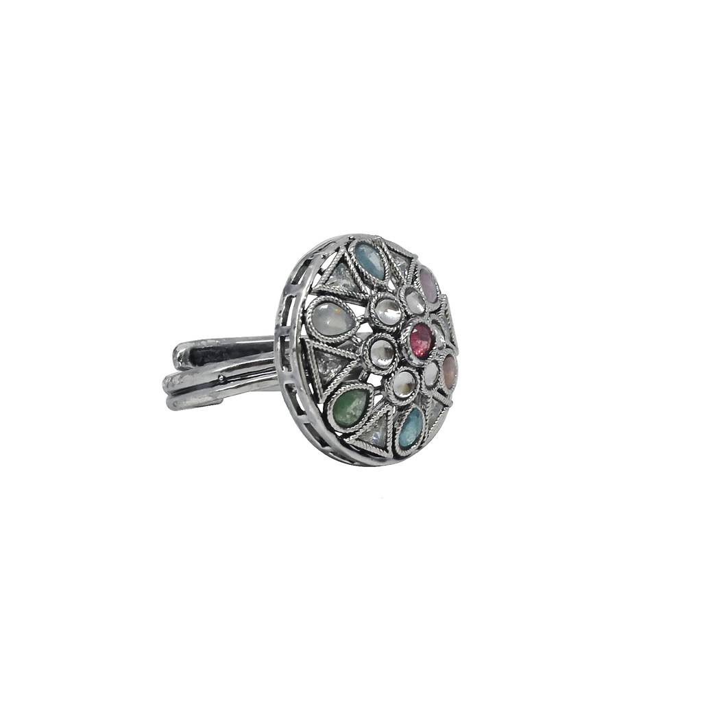 Stylish Oval And Round Shape Silver Plated Kundan Stone Adjustable Finger Ring For Women And Girls : 6FR56