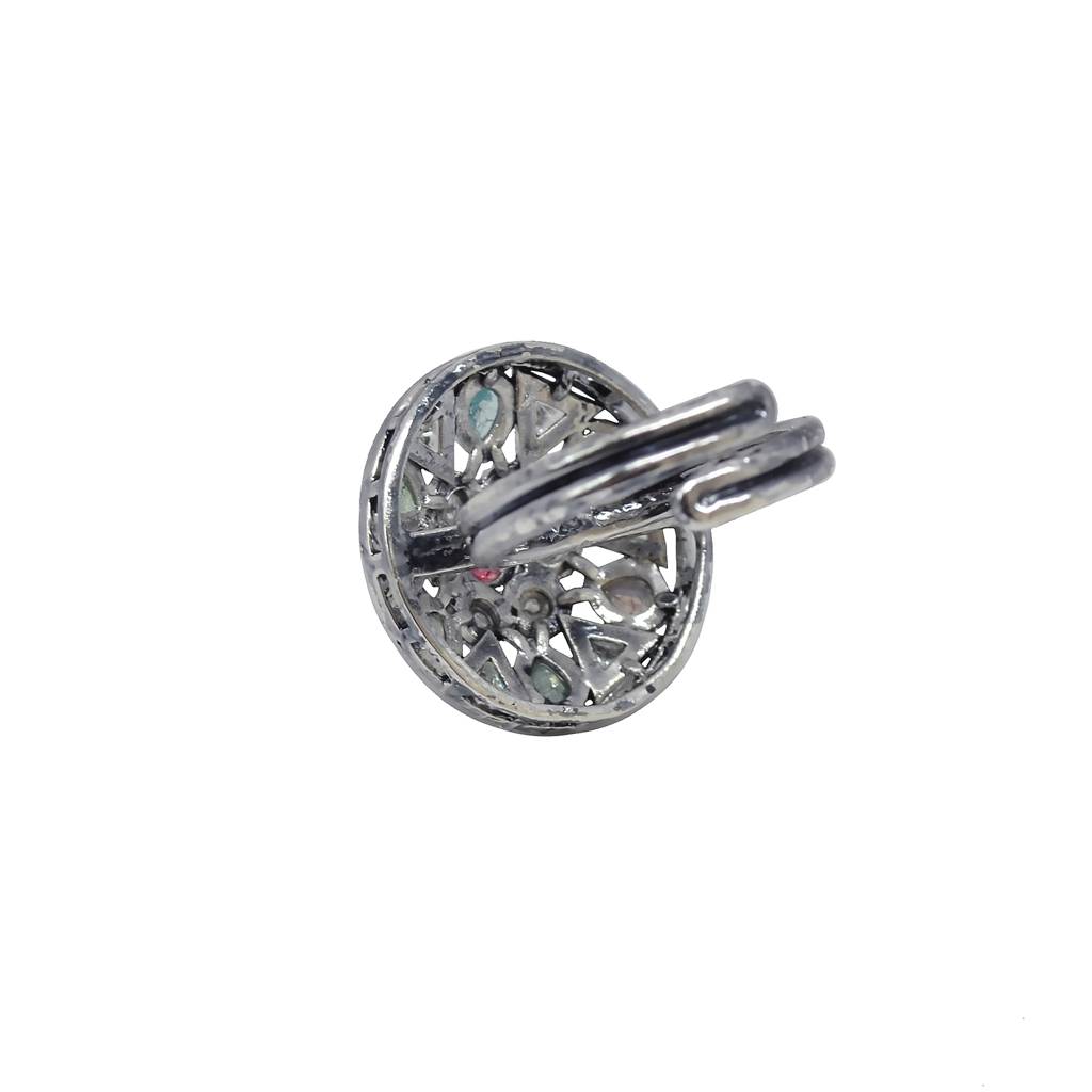 Stylish Oval And Round Shape Silver Plated Kundan Stone Adjustable Finger Ring For Women And Girls : 6FR56