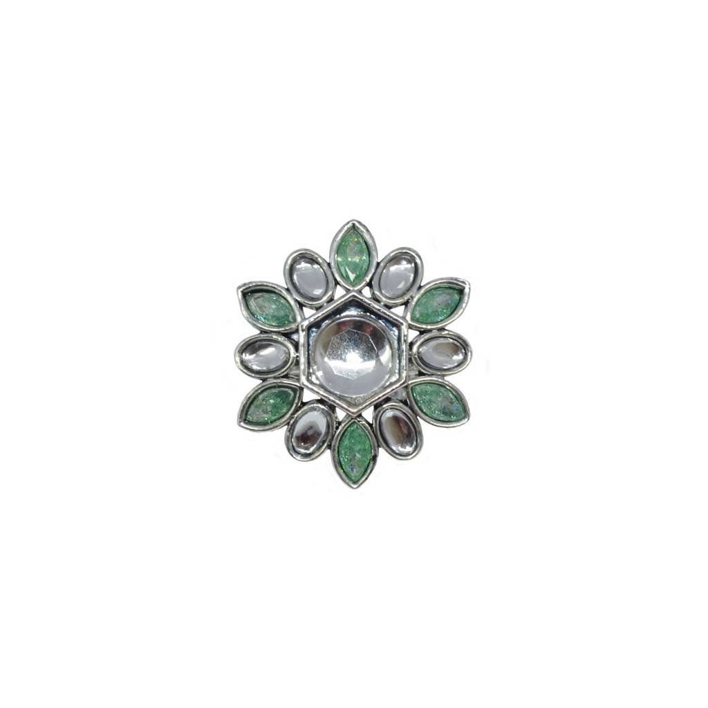 Modish Flower Design Silver Plated Kundan Stone Adjustable Finger Ring For Women And Girls : 6FR61