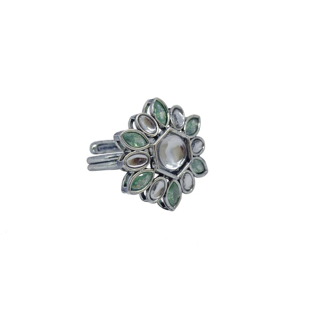 Modish Flower Design Silver Plated Kundan Stone Adjustable Finger Ring For Women And Girls : 6FR61