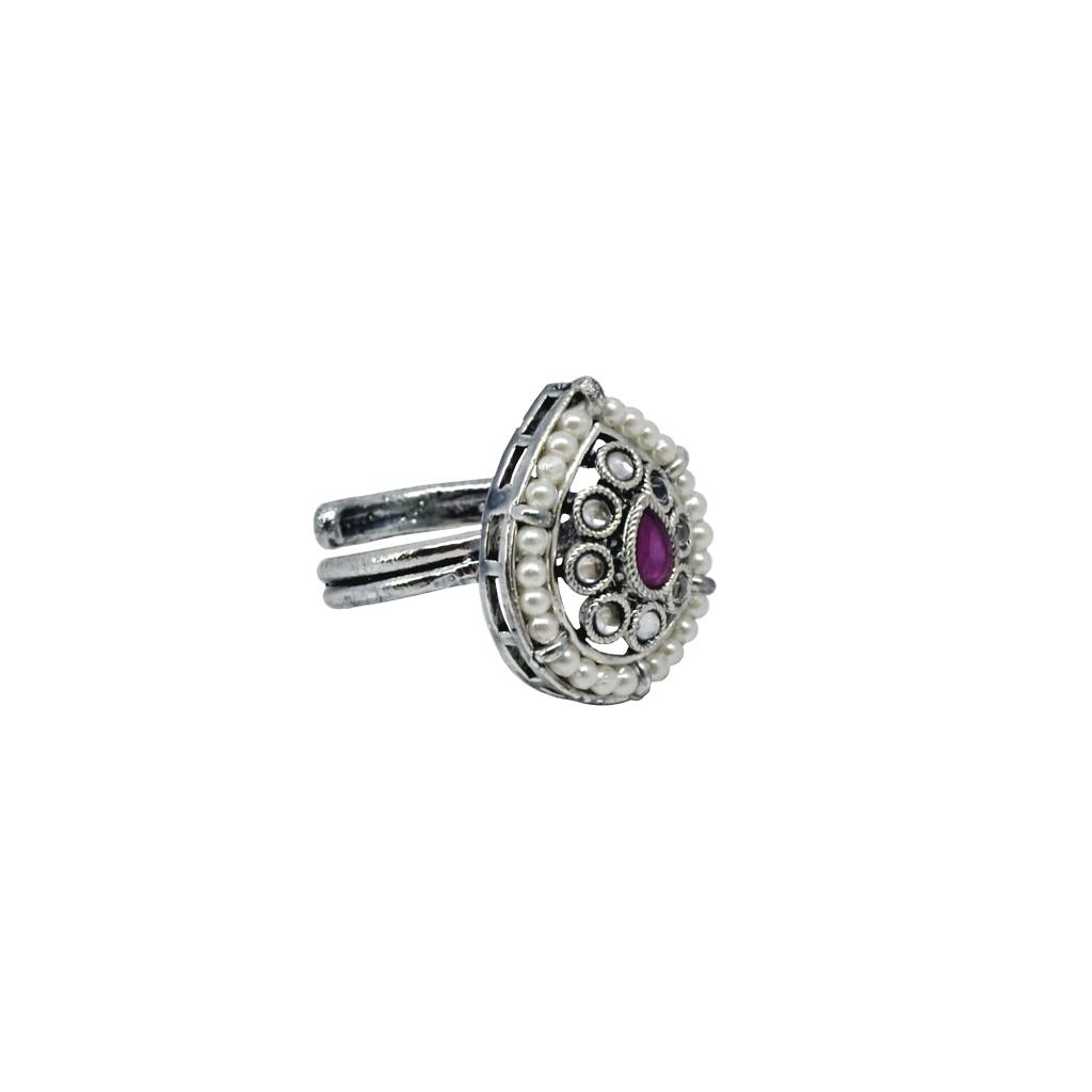 Modern Pear Shape And Mother Of Pearl Silver Plated Kundan Stone Adjustable Finger Ring For Women And Girls : 6FR77