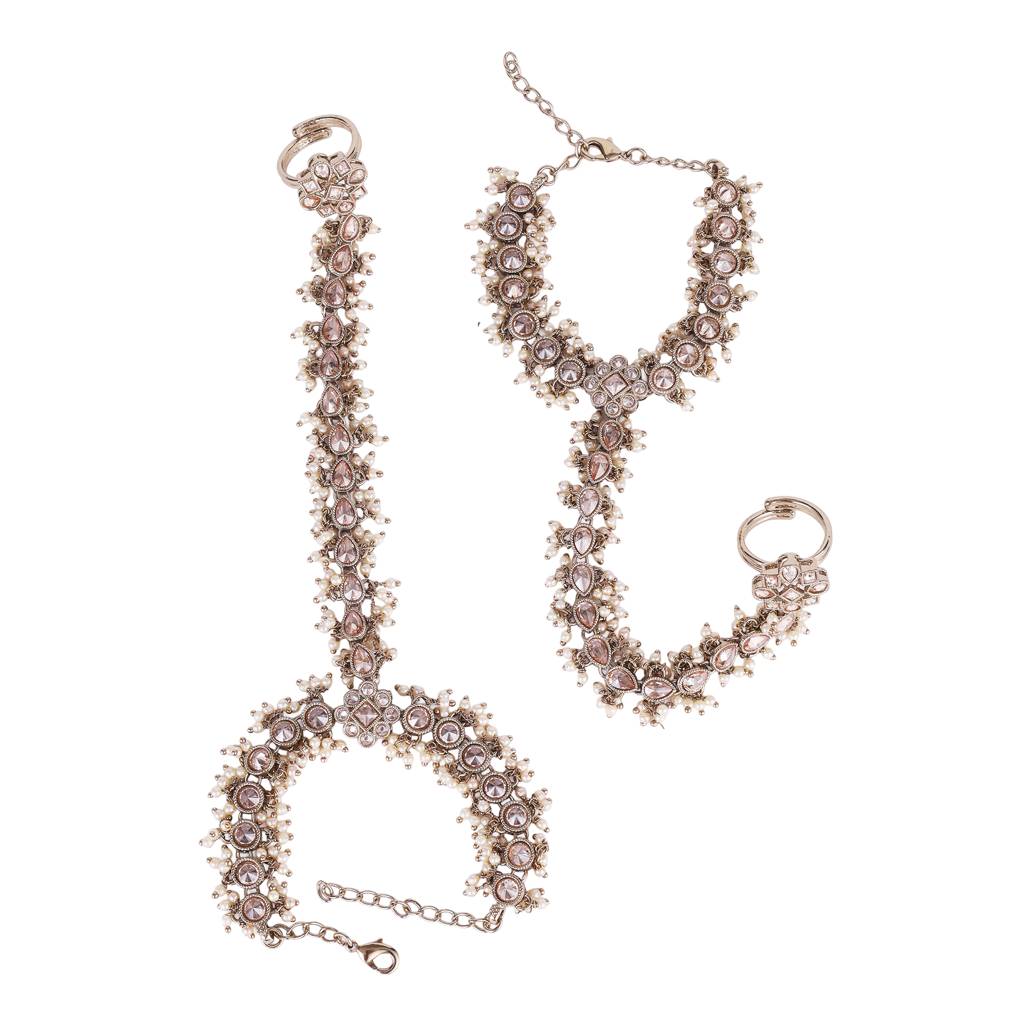 Traditional Flower And Oval Design Gold Plated Pearl Set Of 2 Adjustable Hathphool(Panja) For Women : 6HP29