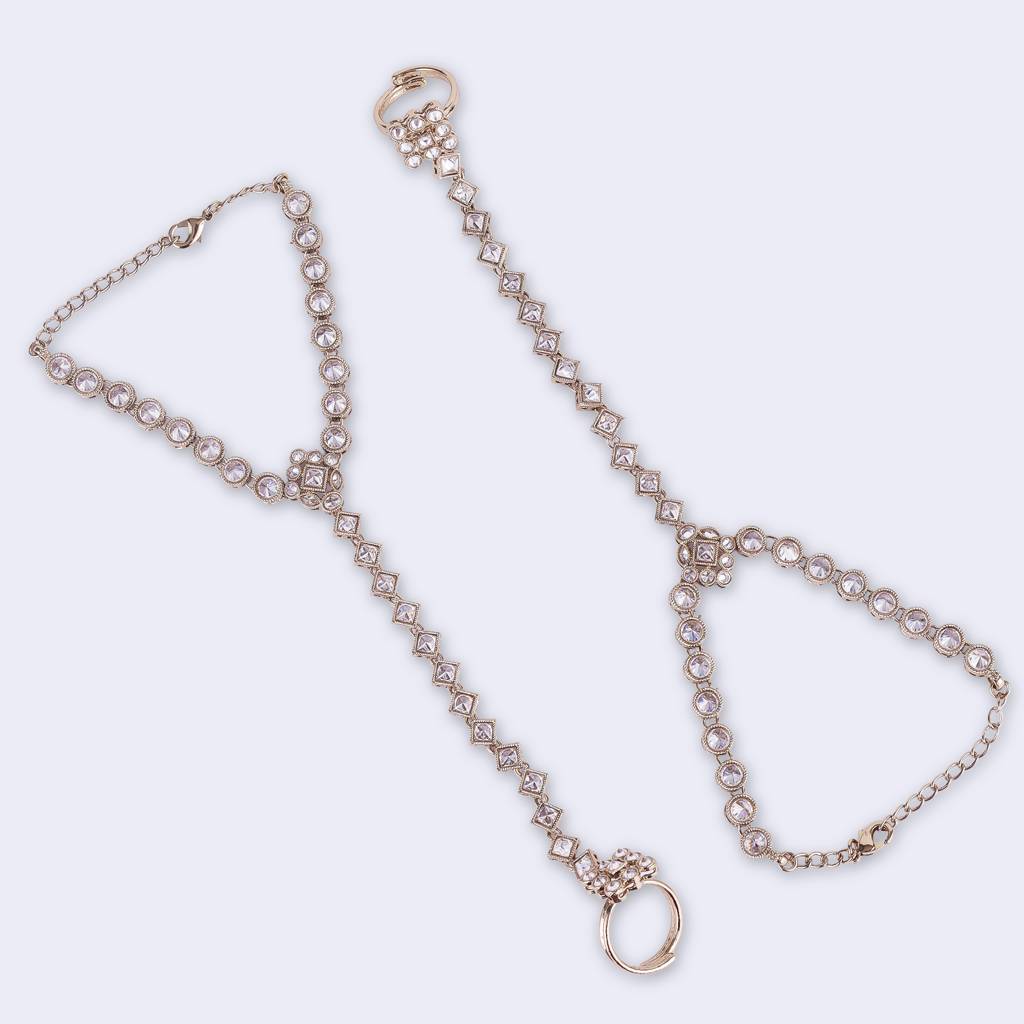 Traditional Round And Rectangle Shape Gold Plated Set Of 2 Adjustable Hathphool(Panja) For Women : 6HP44