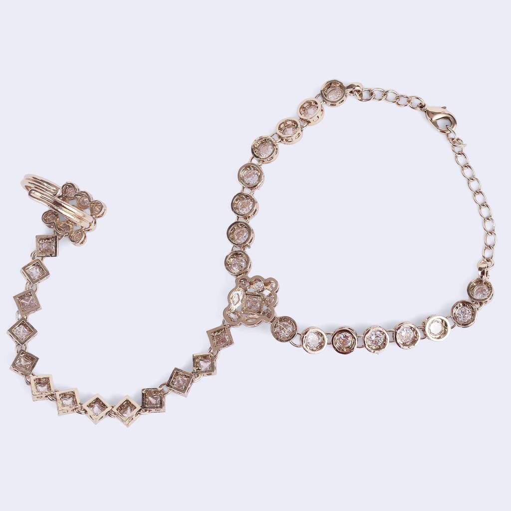 Traditional Round And Rectangle Shape Gold Plated Set Of 2 Adjustable Hathphool(Panja) For Women : 6HP44