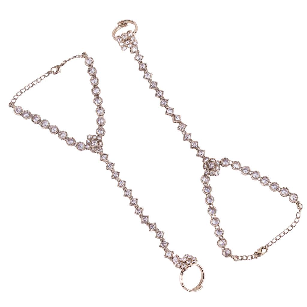 Traditional Round And Rectangle Shape Gold Plated Set Of 2 Adjustable Hathphool(Panja) For Women : 6HP44