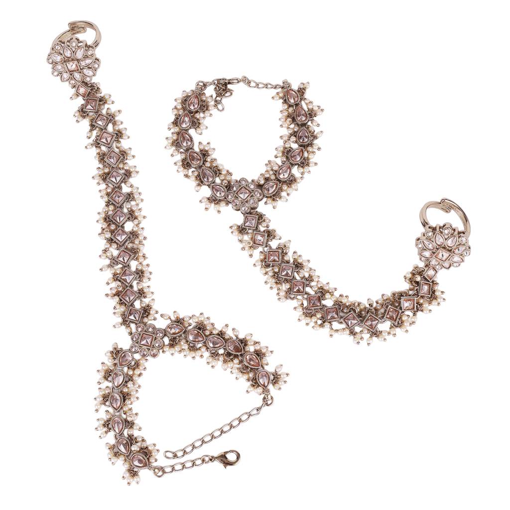 Traditional Fabulous Flower And Oval Design Gold Plated Pearl Set Of 2 Adjustable Hathphool(Panja) For Women : 6HP65