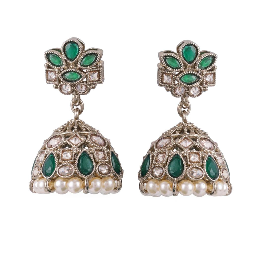 Classy Flower Design Brown Uncut Kundan Stone Antique Gold Plated Jhumki Earring For Women And Girls : 6JE04_Green