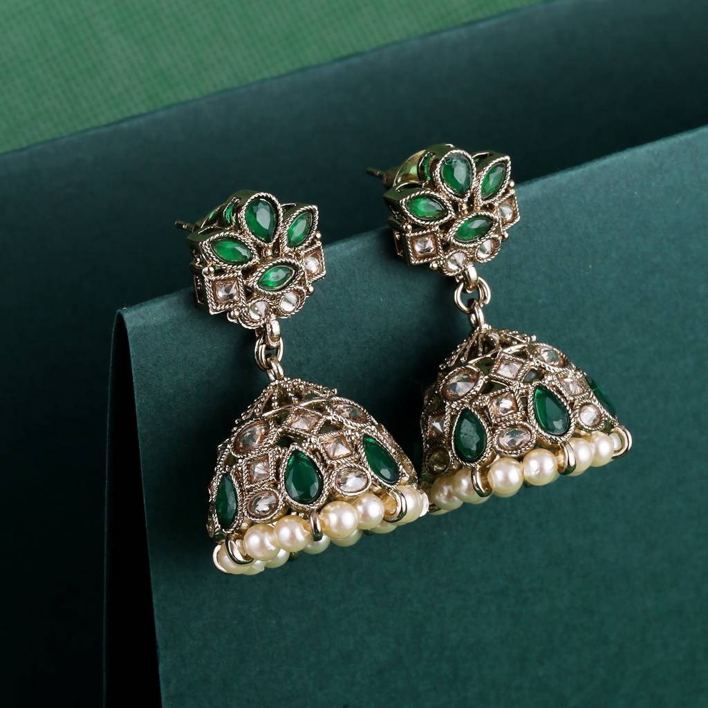 Classy Flower Design Brown Uncut Kundan Stone Antique Gold Plated Jhumki Earring For Women And Girls : 6JE04_Green