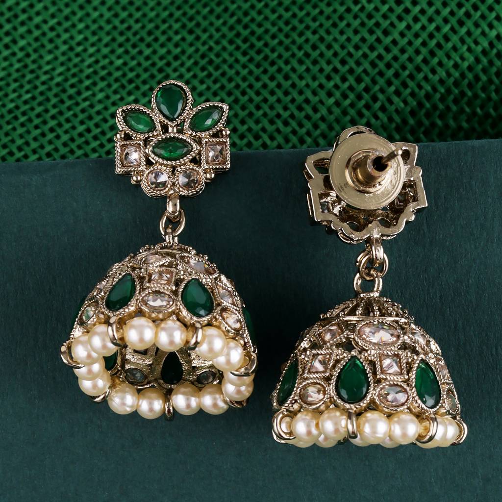 Classy Flower Design Brown Uncut Kundan Stone Antique Gold Plated Jhumki Earring For Women And Girls : 6JE04_Green