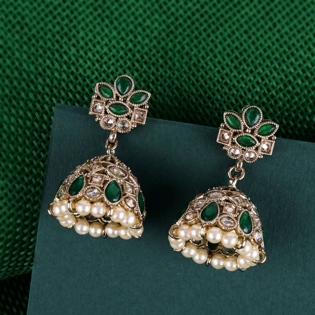 Classy Flower Design Brown Uncut Kundan Stone Antique Gold Plated Jhumki Earring For Women And Girls : 6JE04_Green