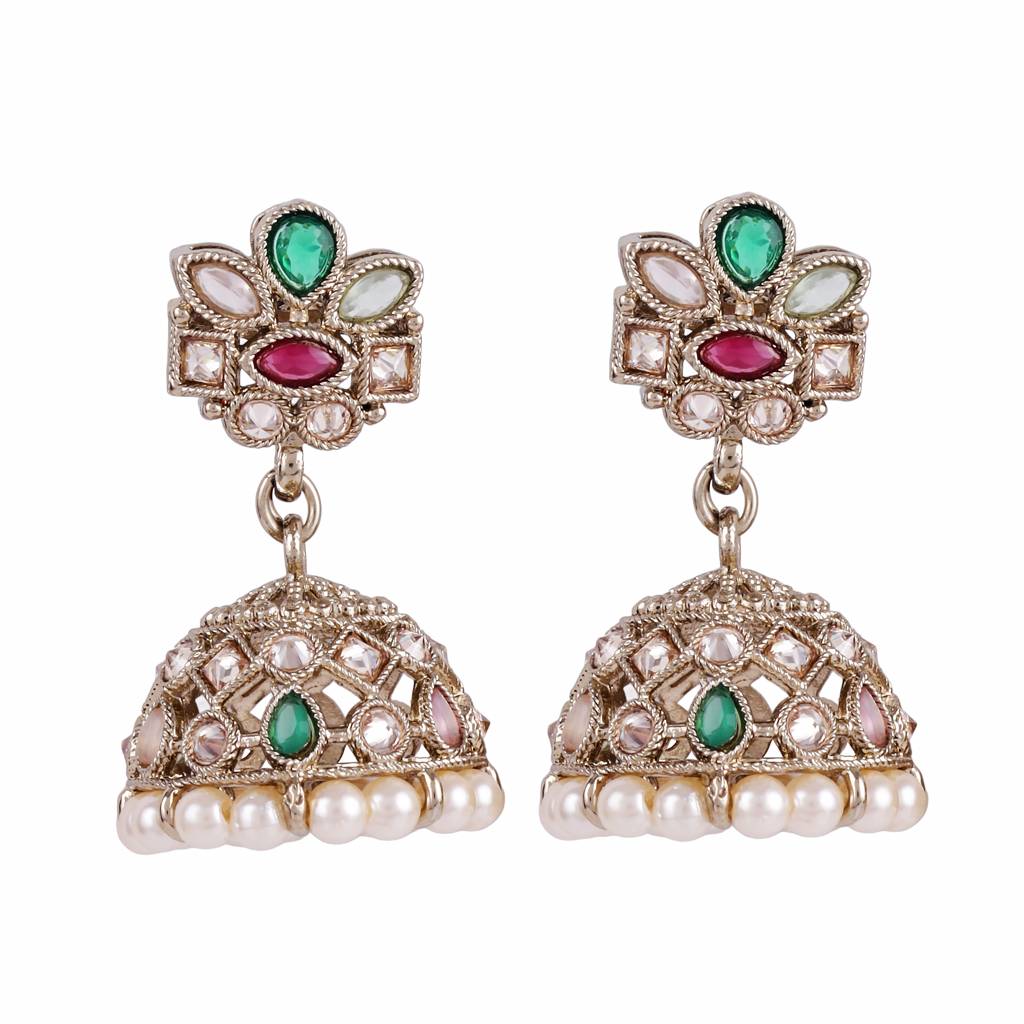 Classy Flower Design Brown Uncut Kundan Stone Antique Gold Plated Jhumki Earring For Women And Girls : 6JE04_Multi