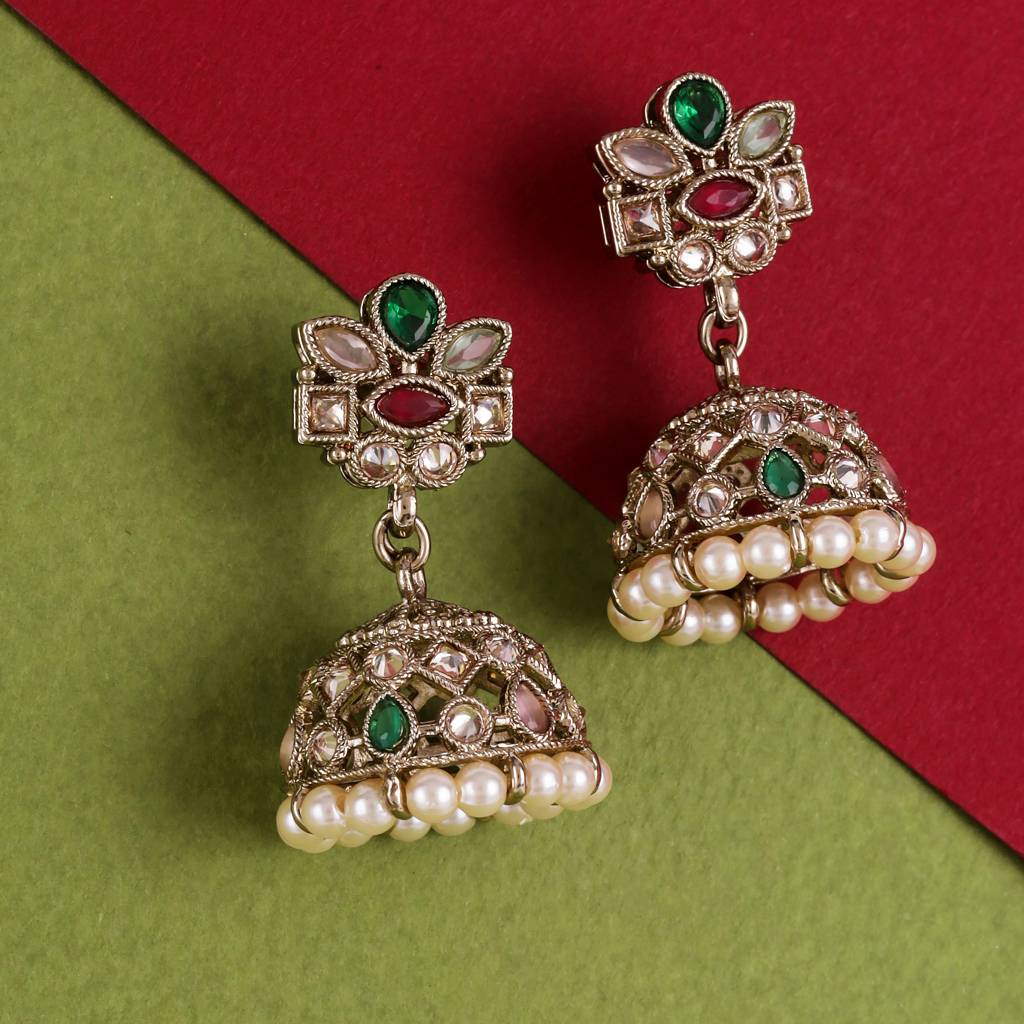 Classy Flower Design Brown Uncut Kundan Stone Antique Gold Plated Jhumki Earring For Women And Girls : 6JE04_Multi