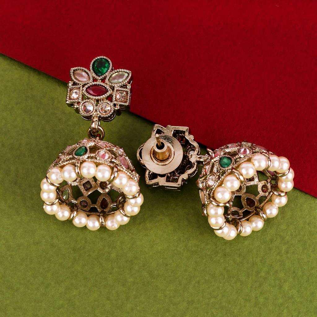 Classy Flower Design Brown Uncut Kundan Stone Antique Gold Plated Jhumki Earring For Women And Girls : 6JE04_Multi