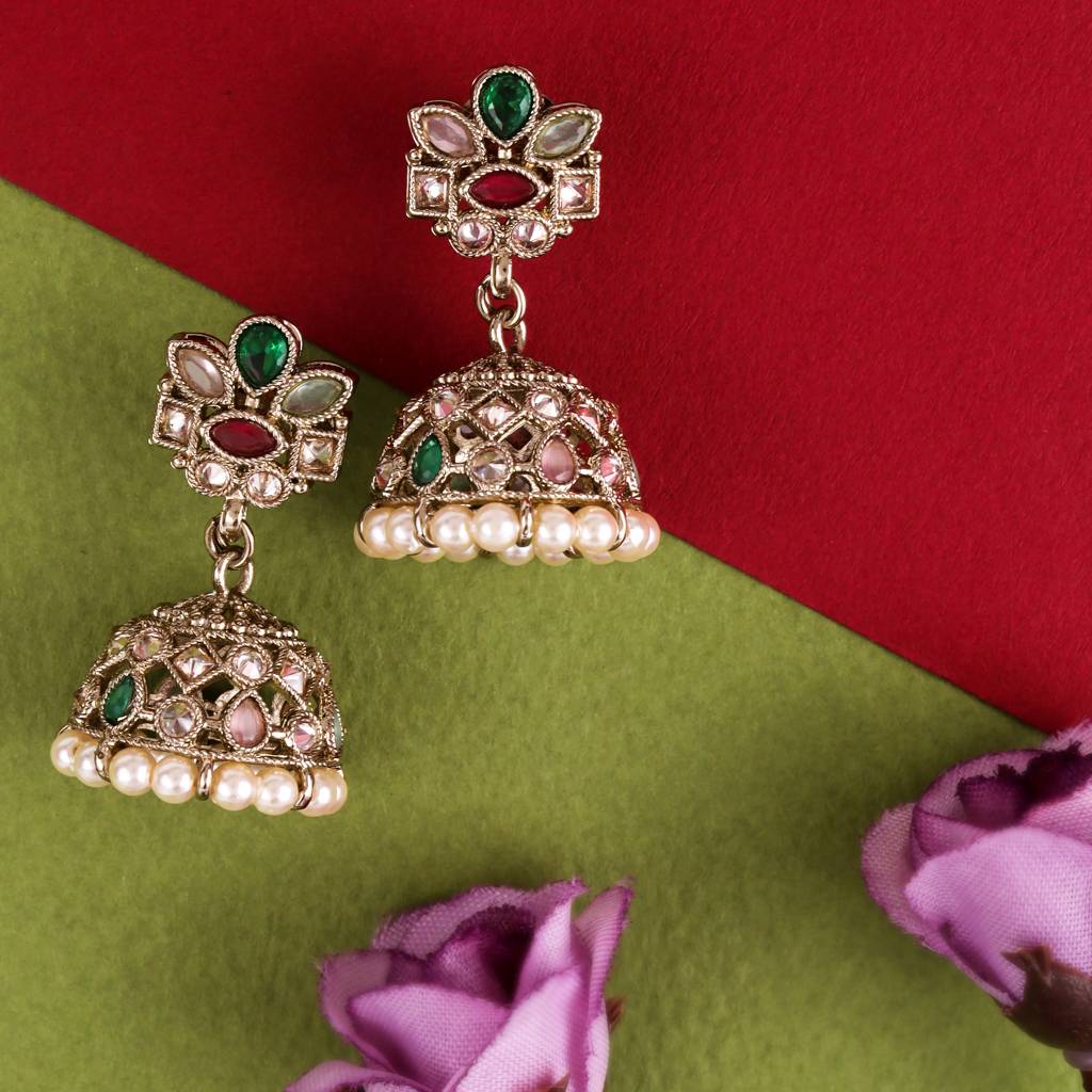 Classy Flower Design Brown Uncut Kundan Stone Antique Gold Plated Jhumki Earring For Women And Girls : 6JE04_Multi