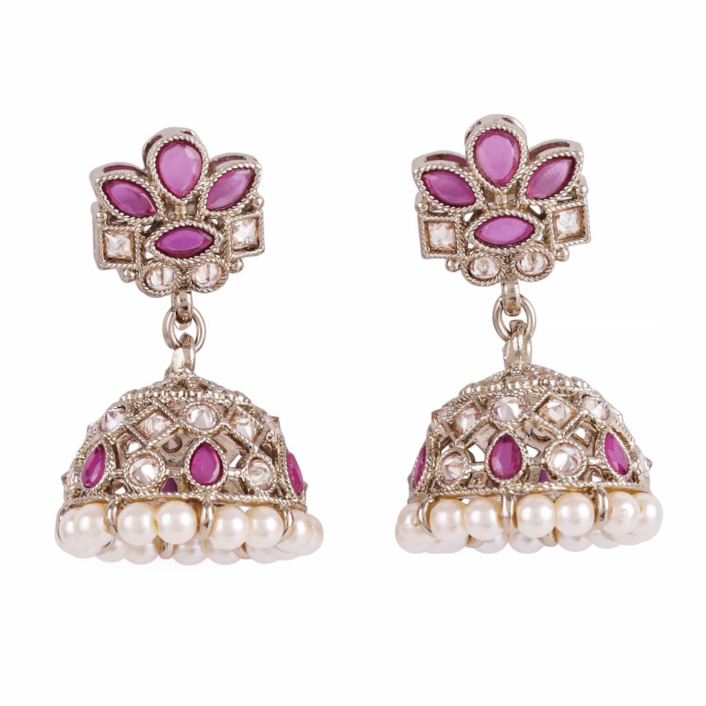 Classy Flower Design Brown Uncut Kundan Stone Antique Gold Plated Jhumki Earring For Women And Girls : 6JE04_Pink