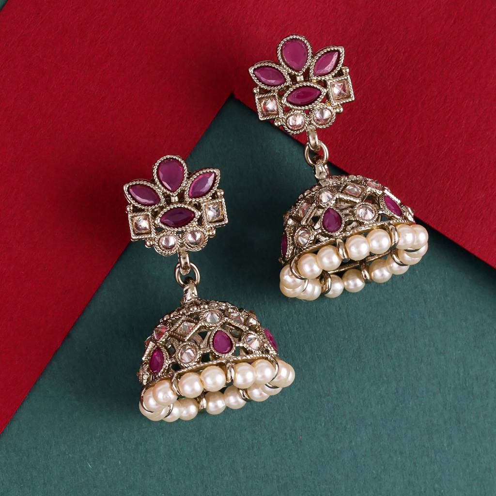 Classy Flower Design Brown Uncut Kundan Stone Antique Gold Plated Jhumki Earring For Women And Girls : 6JE04_Pink