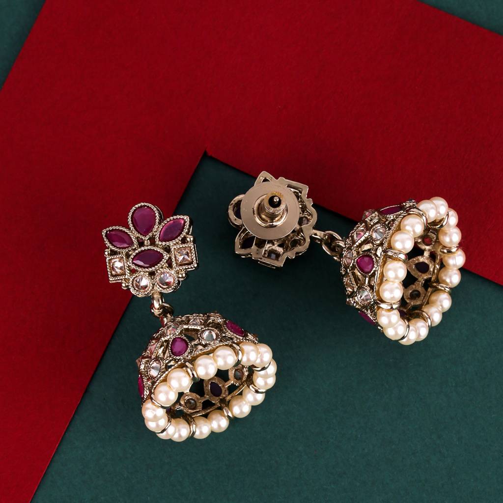 Classy Flower Design Brown Uncut Kundan Stone Antique Gold Plated Jhumki Earring For Women And Girls : 6JE04_Pink