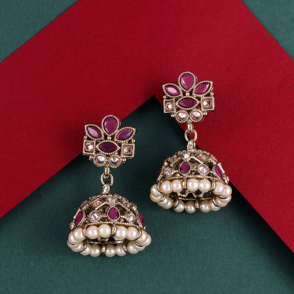 Classy Flower Design Brown Uncut Kundan Stone Antique Gold Plated Jhumki Earring For Women And Girls : 6JE04_Pink