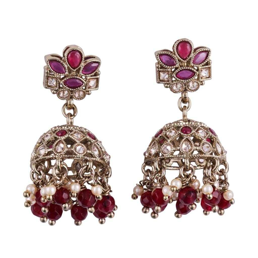 Classy Flower Design Brown Uncut Kundan Stone Antique Gold Plated Jhumki Earring For Women And Girls : 6JE04_Maroon