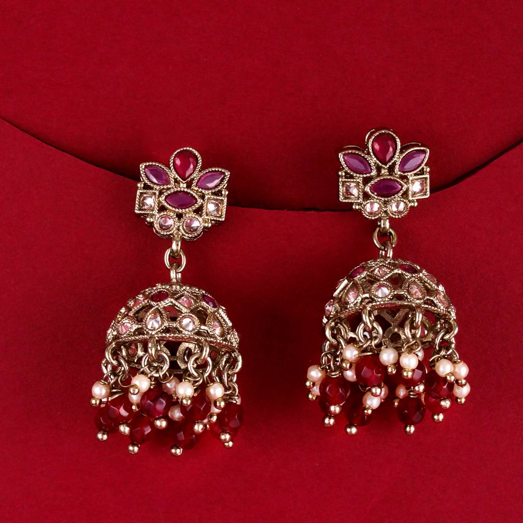 Classy Flower Design Brown Uncut Kundan Stone Antique Gold Plated Jhumki Earring For Women And Girls : 6JE04_Maroon