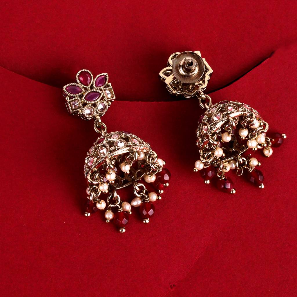 Classy Flower Design Brown Uncut Kundan Stone Antique Gold Plated Jhumki Earring For Women And Girls : 6JE04_Maroon