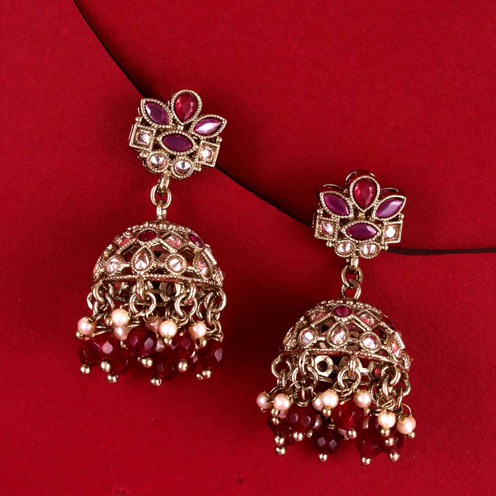 Classy Flower Design Brown Uncut Kundan Stone Antique Gold Plated Jhumki Earring For Women And Girls : 6JE04_Maroon